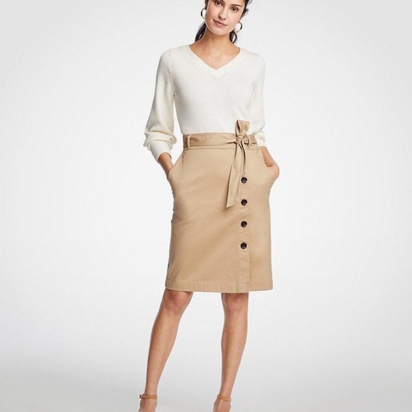 Ann Taylor Dresses & Skirts - Ann Taylor Tan Khaki Cotton Sateen Pencil Skirt Button Detail & Belt Size 12